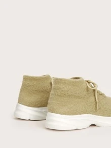 Knit Detail Lace Up Design Sneakers - Khaki - View 6