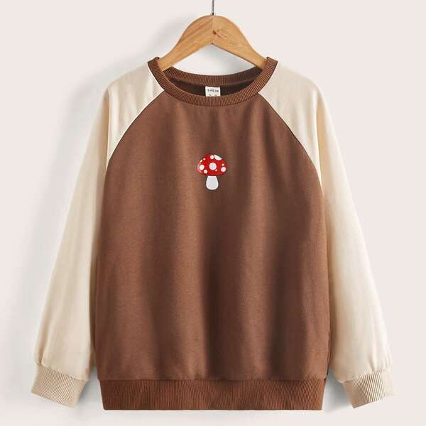 

Girls Mushroom Print Color Block Raglan Sleeve Pullover, Multicolor
