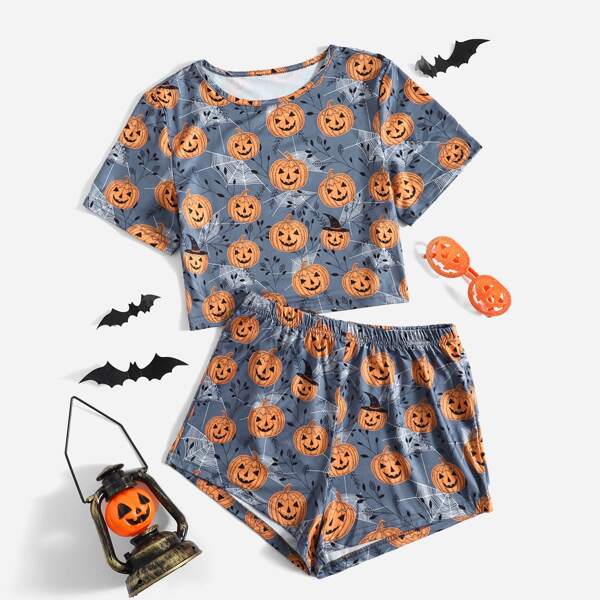 

Halloween Print Tee & Shorts PJ Set, Multicolor