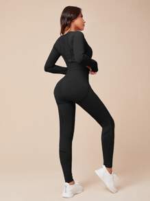 SHEIN Yoga Basic Seamless High Stretch Thumb Holes Sports Tee With Leggings - Black - View 2