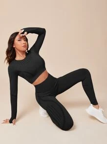 SHEIN Yoga Basic Seamless High Stretch Thumb Holes Sports Tee With Leggings - Black - View 3