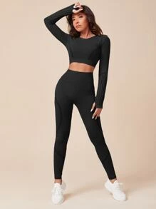 SHEIN Yoga Basic Seamless High Stretch Thumb Holes Sports Tee With Leggings - Black - View 4