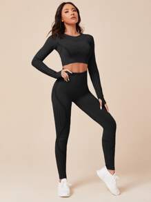 SHEIN Yoga Basic Seamless High Stretch Thumb Holes Sports Tee With Leggings - Black - View 6