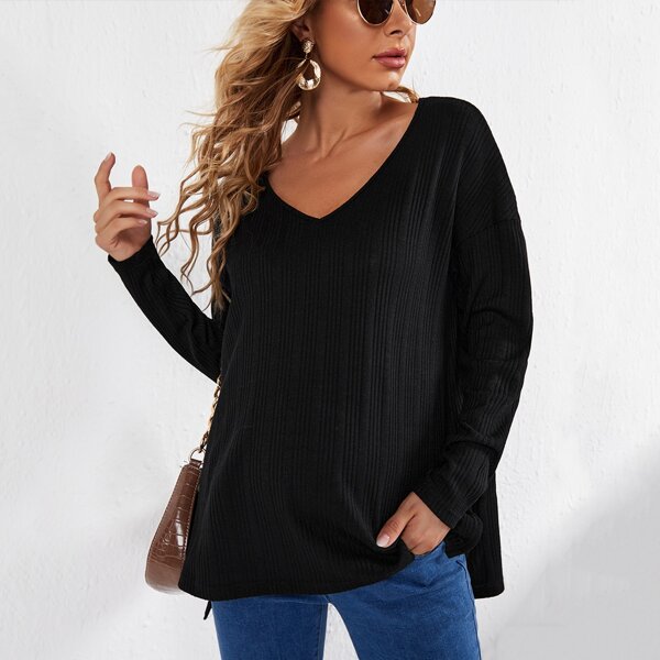 

Maternity Drop Shoulder Ribbed Knit Tee, Black