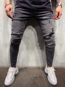 Manfinity Quần Jeans Nam Túi Bị tách Denim mùa giặt màu trơn - Màu xám đen - Xem 1