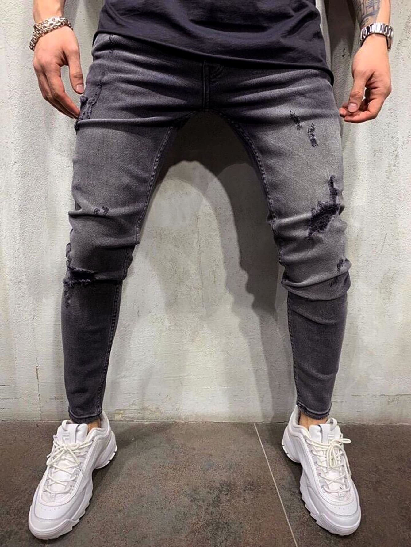Manfinity Quần Jeans Nam Túi Bị tách Denim mùa giặt màu trơn - Màu xám đen - Xem 1