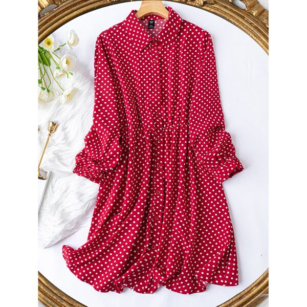 

Plus Polka Dot Button Up Shirt Dress, Burgundy