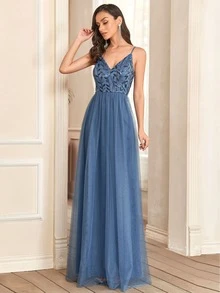 EVERPRETTY Sequins Embroidery Pattern Mesh Bridesmaid Dress - Dusty Blue - View 6