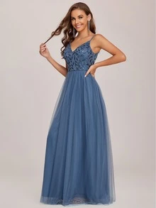 EVERPRETTY Sequins Embroidery Pattern Mesh Bridesmaid Dress - Dusty Blue - View 7