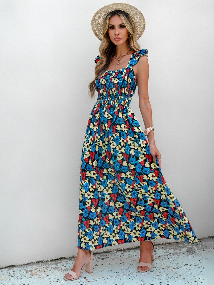 Floral Print Shirred Dress - Multicolor - View 1