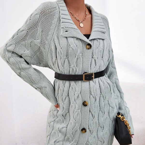 

Raglan Sleeve Cable Knit Cardigan Without Belt, Light grey
