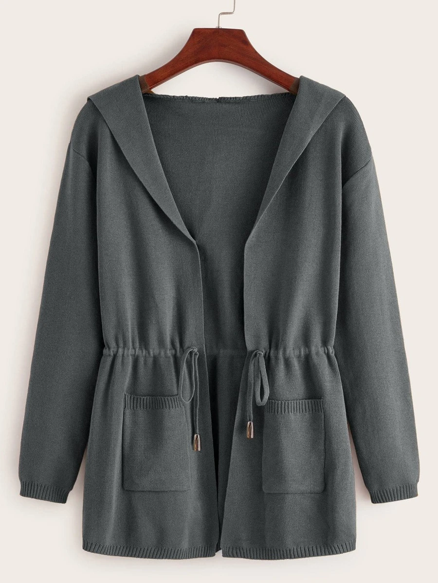 SHEIN LUNE Nữ Cardigans Dây kéo Túi màu trơn Giải trí - Màu xám đen - Xem 1