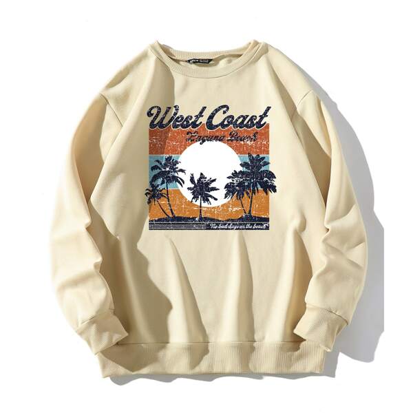 

Tropical & Letter Print Round Neck Sweatshirt, Khaki