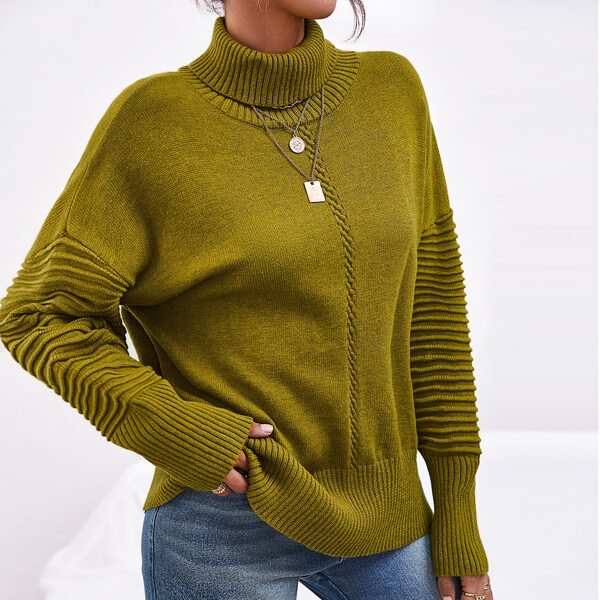 

High Neck Drop Shoulder Sweater, Olive green
