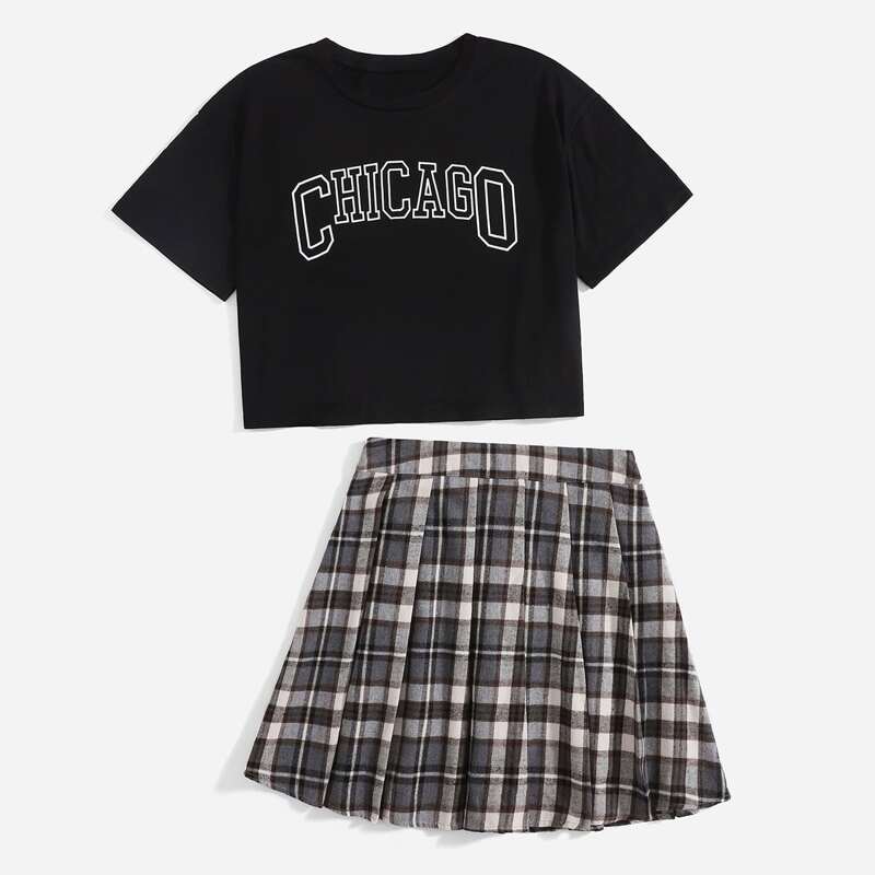 

Letter Graphic Tee & Pleated Plaid Print Skirt, Multicolor
