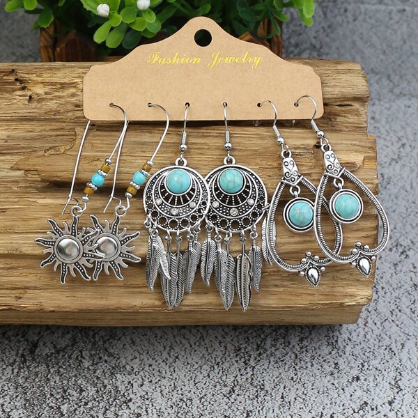 

3pairs Turquoise Decor Drop Earrings, Antique silver