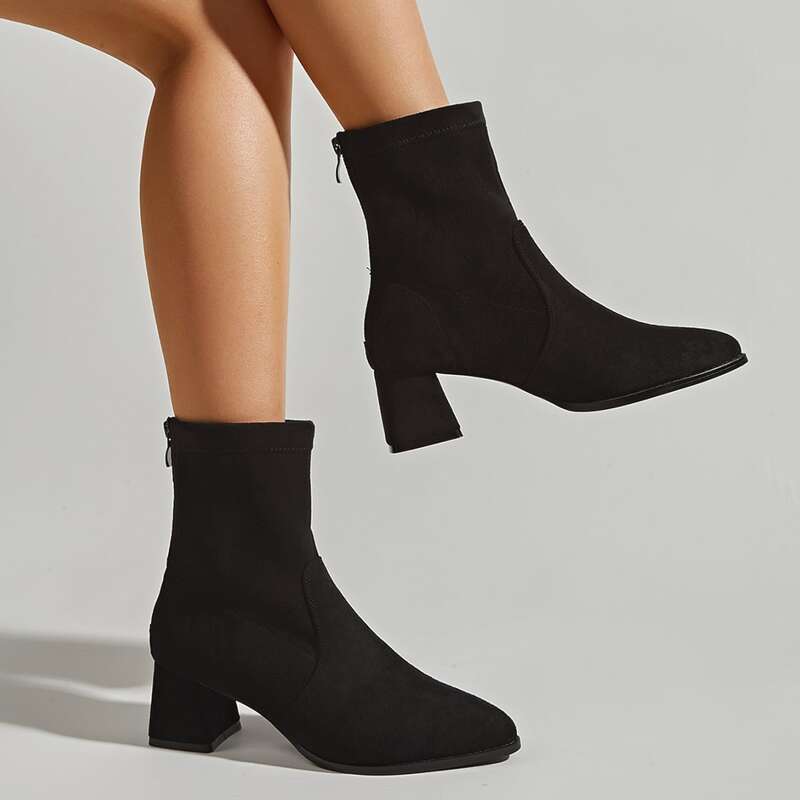 

Minimalist Back Zipper Chunky Heeled Classic Boots, Black