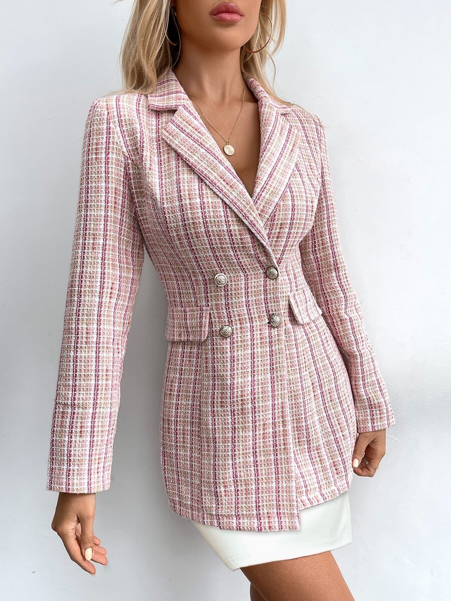 SHEIN Privé Blazer con botones de cuadros tweed - Rosa vieja - Ver 1
