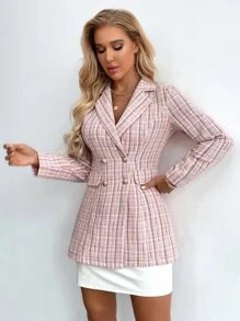 SHEIN Privé Blazer con botones de cuadros tweed - Rosa vieja - Ver 5