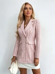 SHEIN Privé Blazer con botones de cuadros tweed - Rosa vieja - Ver 6