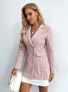 SHEIN Privé Blazer con botones de cuadros tweed - Rosa vieja - Ver 7