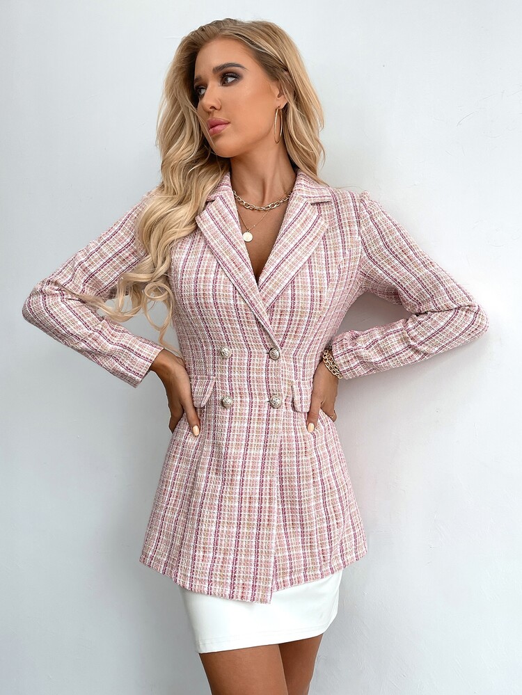 SHEIN Privé Double Breasted Plaid Tweed Blazer - Dusty Pink - View 8