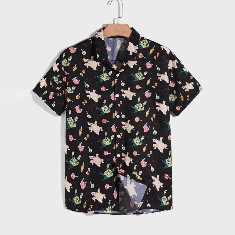 

Guys Cartoon Print Button Front Shirt, Black