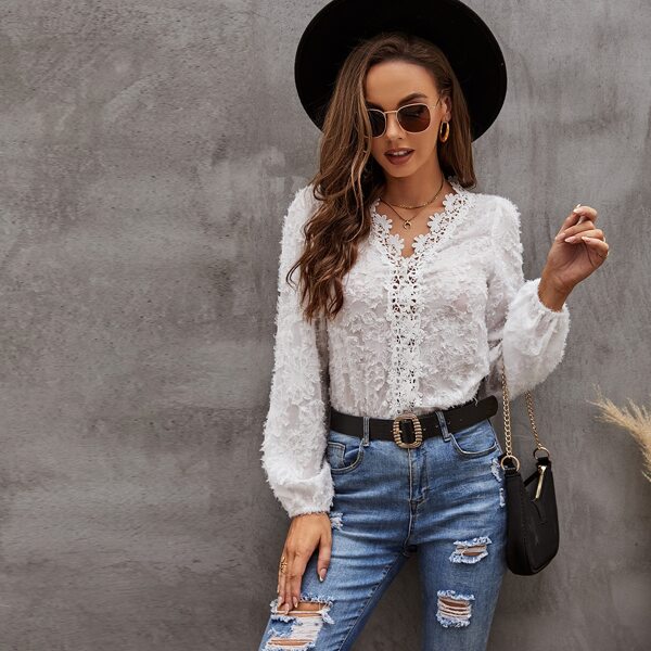 

Guipure Lace Trim Lantern Sleeve Fuzzy Blouse, White