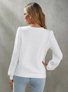 SHEIN LUNE Argyle Textured Puff Sleeve Pullover - White - View 2