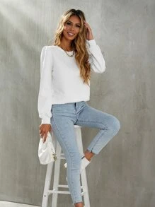 SHEIN LUNE Argyle Textured Puff Sleeve Pullover - White - View 3