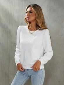 SHEIN LUNE Argyle Textured Puff Sleeve Pullover - White - View 4