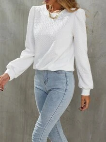 SHEIN LUNE Argyle Textured Puff Sleeve Pullover - White - View 5