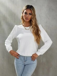 SHEIN LUNE Argyle Textured Puff Sleeve Pullover - White - View 6