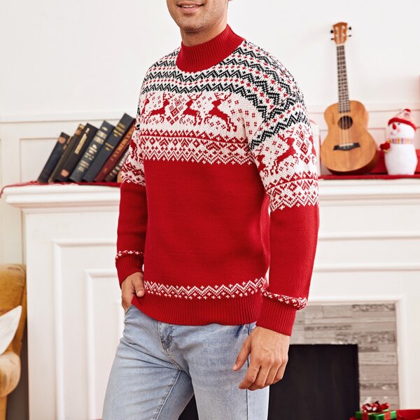 

Men Christmas Elk & Geo Pattern Mock Neck Sweater, Red