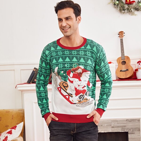 

Men Christmas Pattern Contrast Trim Sweater, Multicolor