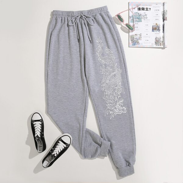 

Chinese Dragon Graphic Drawstring Waist Sweatpants, Light grey