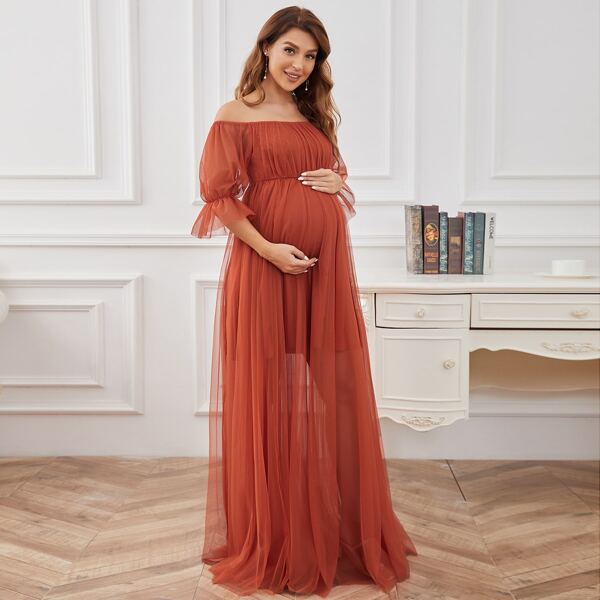 

Maternity Off Shoulder Flounce Sleeve Mesh Dress, Burnt orange