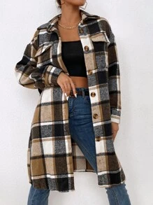 SHEIN LUNE Plaid Flap Pocket Drop Shoulder Longline Coat - Multicolor - View 1
