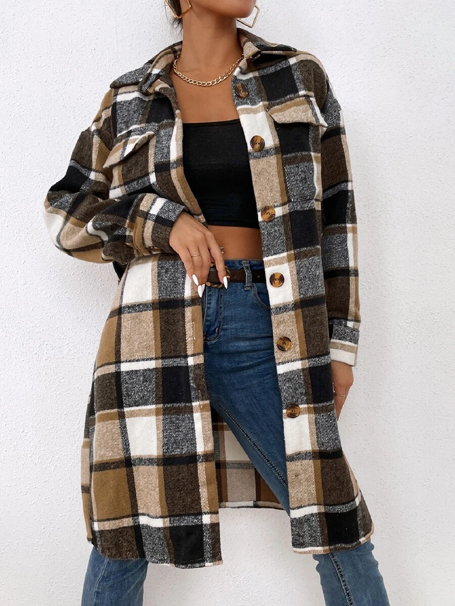 SHEIN LUNE Plaid Flap Pocket Drop Shoulder Longline Coat - Multicolor - View 1