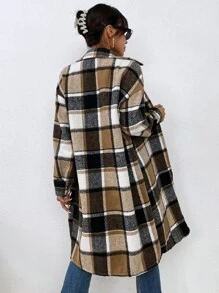 SHEIN LUNE Plaid Flap Pocket Drop Shoulder Longline Coat - Multicolor - View 2