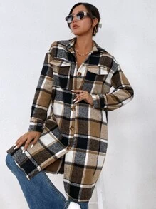 SHEIN LUNE Plaid Flap Pocket Drop Shoulder Longline Coat - Multicolor - View 4