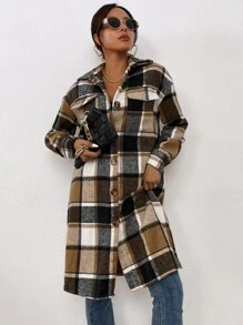 SHEIN LUNE Plaid Flap Pocket Drop Shoulder Longline Coat - Multicolor - View 5