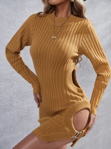 鏤空條紋針織連衣裙