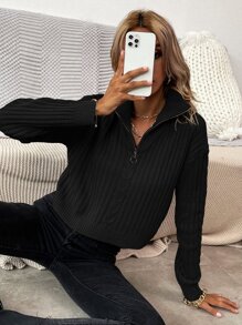 SHEIN LUNE Suéter de punto con cuello en O, cremallera y punto de cable, hombros caídos, para otoño e invierno - Negro - Ver 1