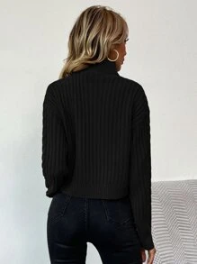 SHEIN LUNE Suéter de punto con cuello en O, cremallera y punto de cable, hombros caídos, para otoño e invierno - Negro - Ver 2