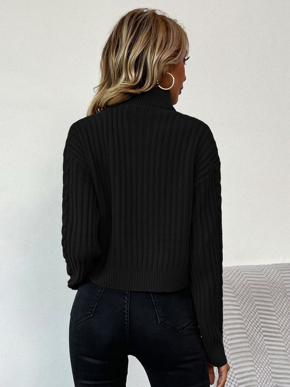 Drop Shoulder Cable Knit O-Ring Zipper Sweater Knit Pullover Fall Winter