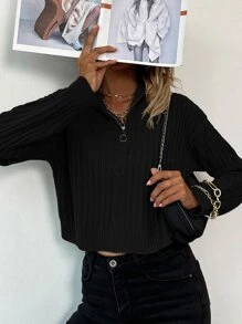 SHEIN LUNE Suéter de punto con cuello en O, cremallera y punto de cable, hombros caídos, para otoño e invierno - Negro - Ver 5