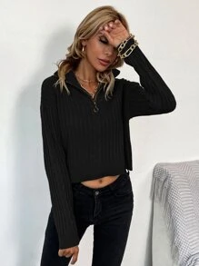 SHEIN LUNE Suéter de punto con cuello en O, cremallera y punto de cable, hombros caídos, para otoño e invierno - Negro - Ver 6