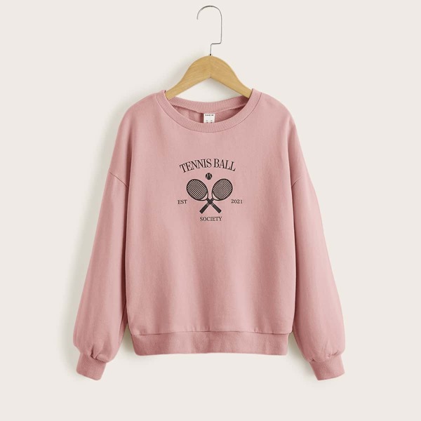 

Girls Letter & Graphic Print Thermal Pullover, Dusty pink