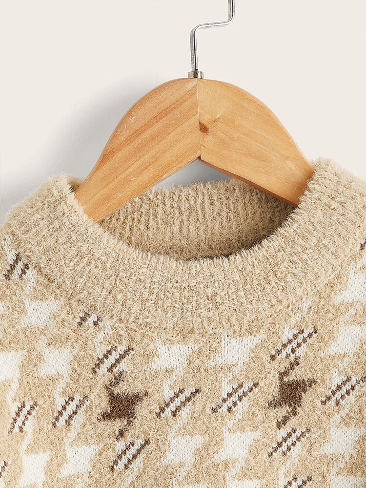 Toddler Girls Houndstooth Pattern Jumper - Khaki - View 4
